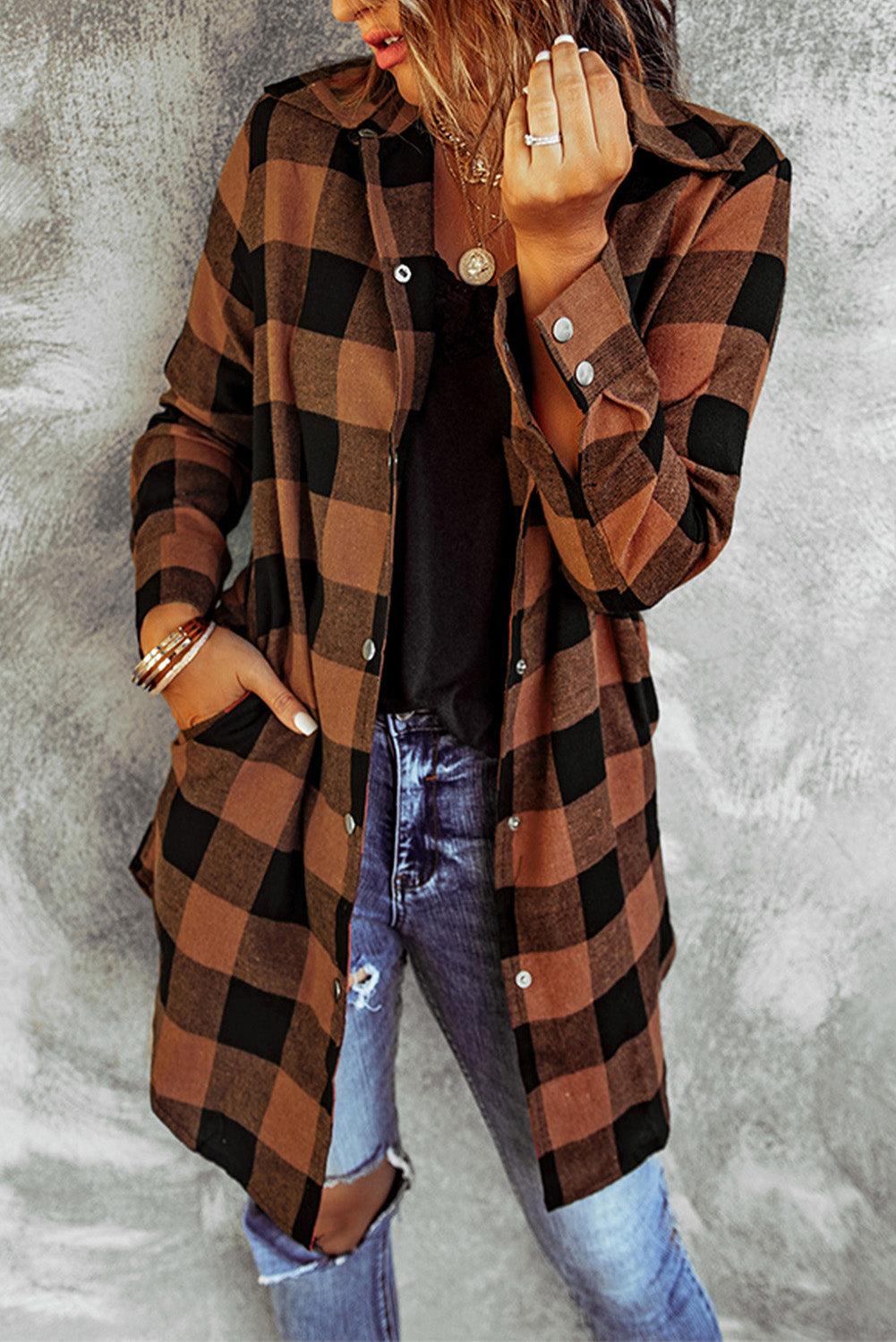 Brown Turn-down Collar Plaid Shirt Coat - Mudiwa 