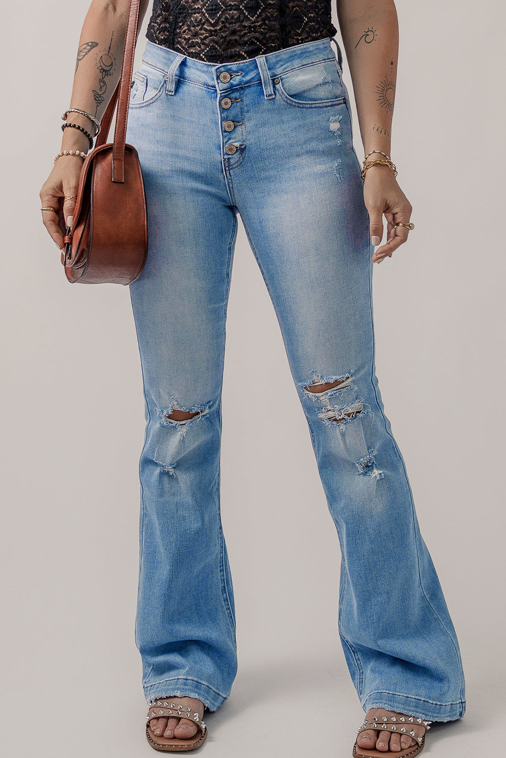 Beau Blue High Waist Button Front Ripped Flare Jeans - Mudiwa 