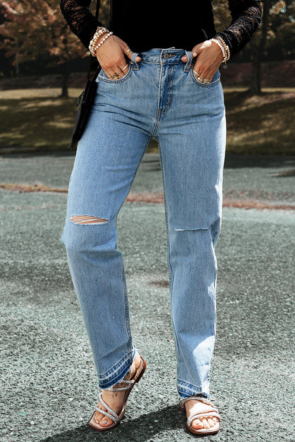 Light Blue Distressed Slit Leg Raw Edge Straight Jeans - Mudiwa 