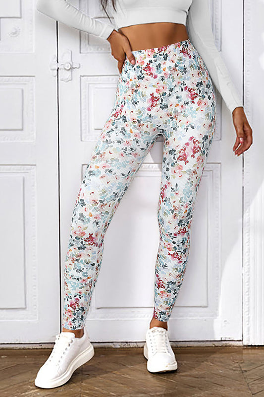 White Floral High Waist Yoga Fitness Leggings - Mudiwa 