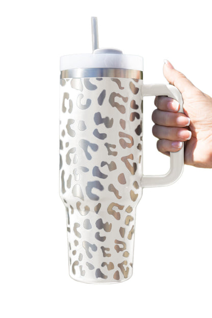 White Leopard Print 40OZ Stainless Steel Portable Cup with Handle - Mudiwa 