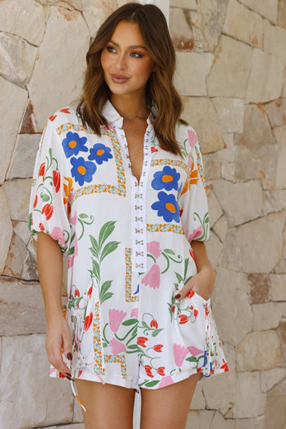 White Floral Print Split Neck Pocketed Shirt Collar Romper - Mudiwa 