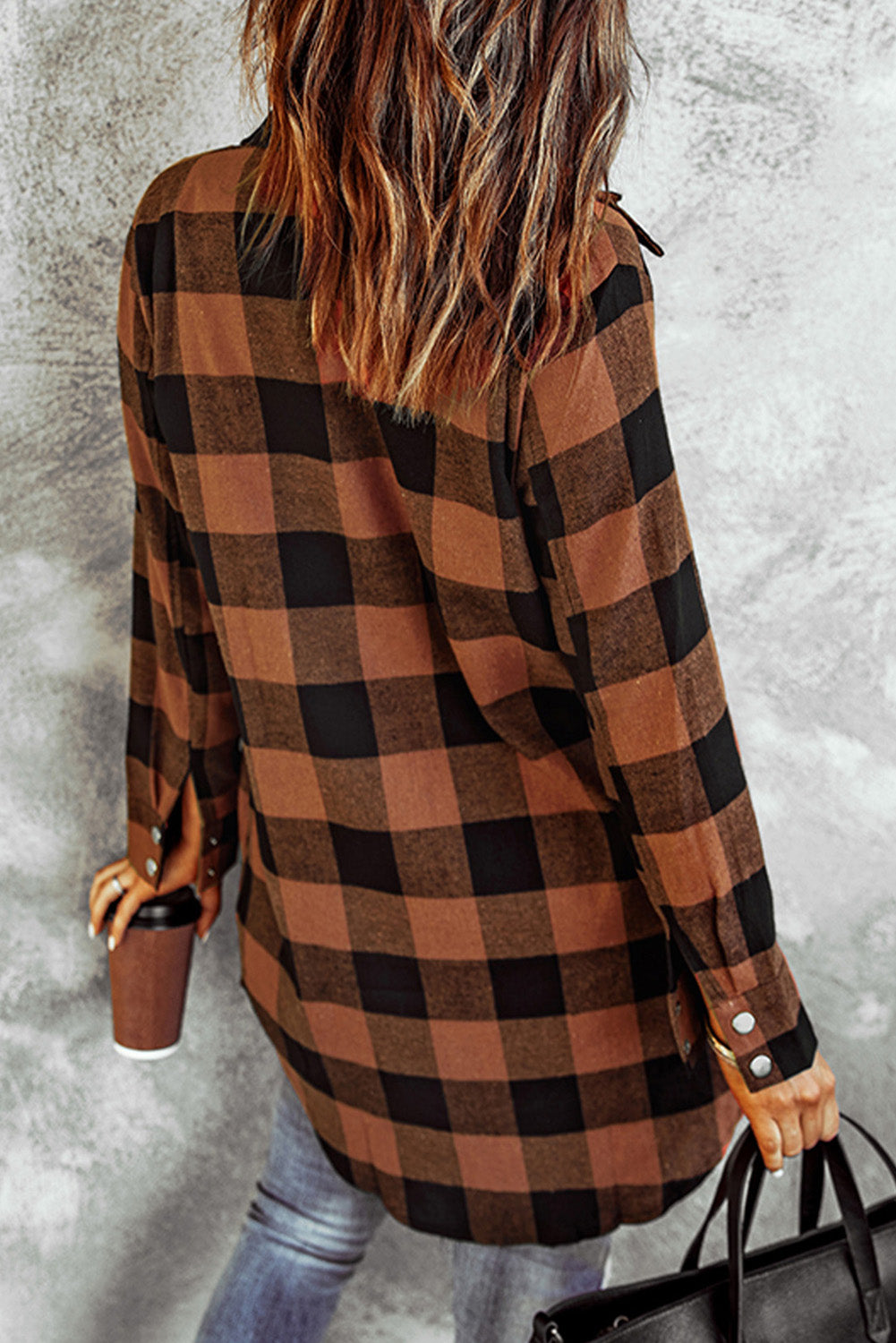 Brown Turn-down Collar Plaid Shirt Coat - Mudiwa 