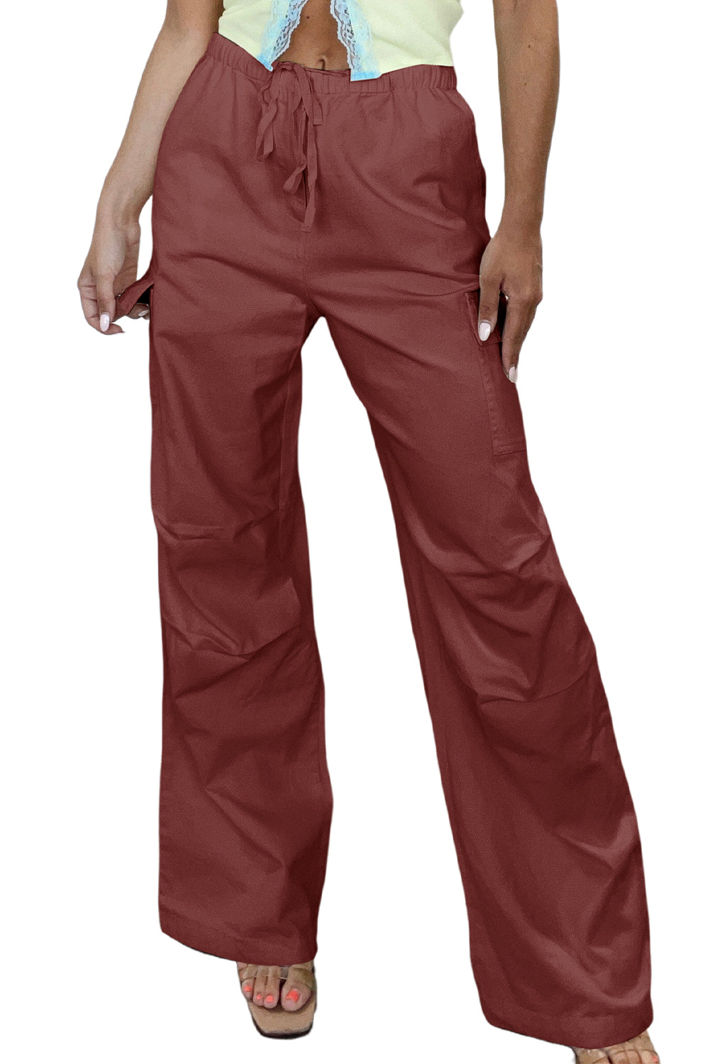 Mineral Red Solid Color Drawstring Waist Wide Leg Cargo Pants - Mudiwa 