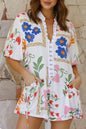 White Floral Print Split Neck Pocketed Shirt Collar Romper - Mudiwa 