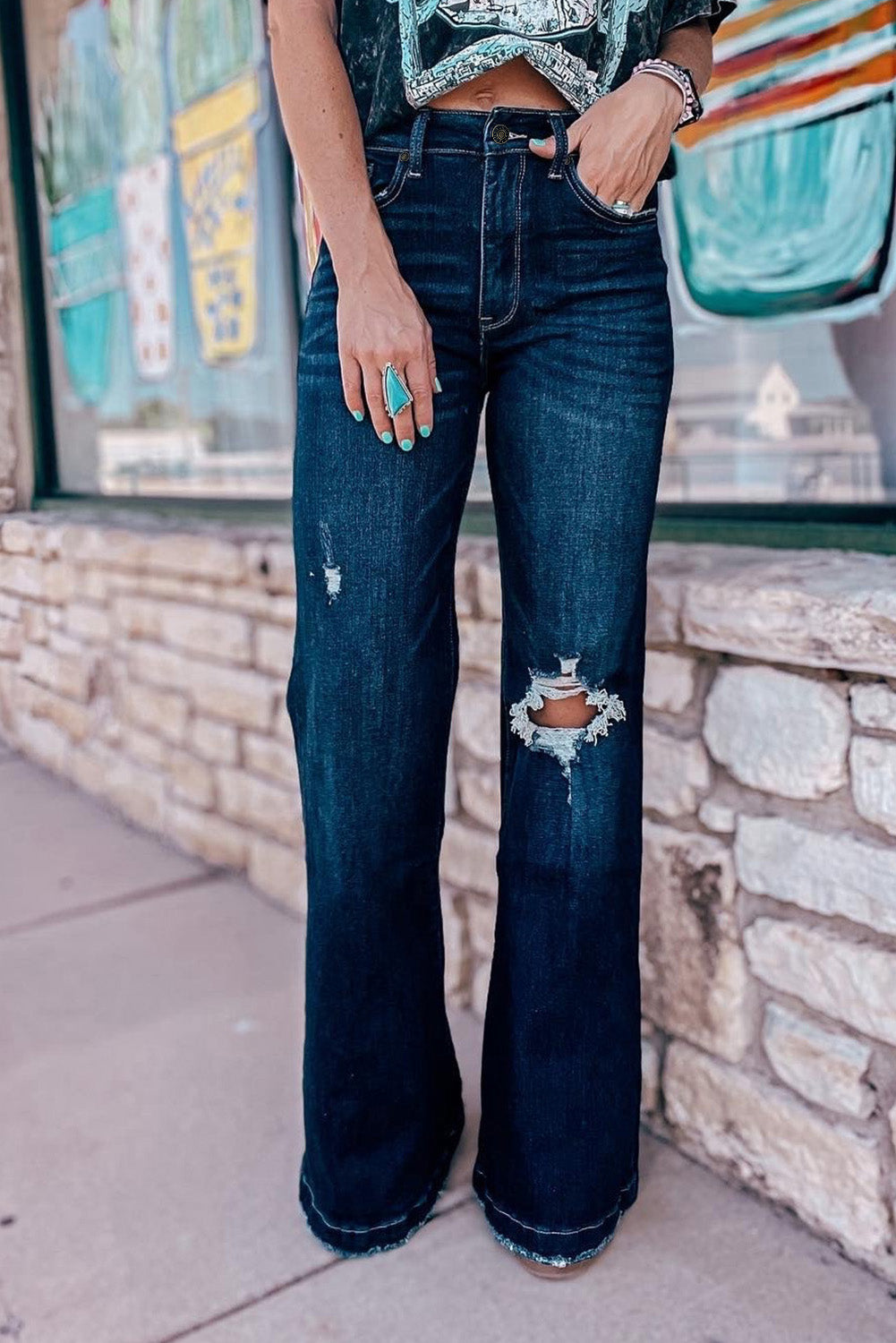 Real Teal High Rise Ripped Bell Bottom Jeans - Mudiwa 