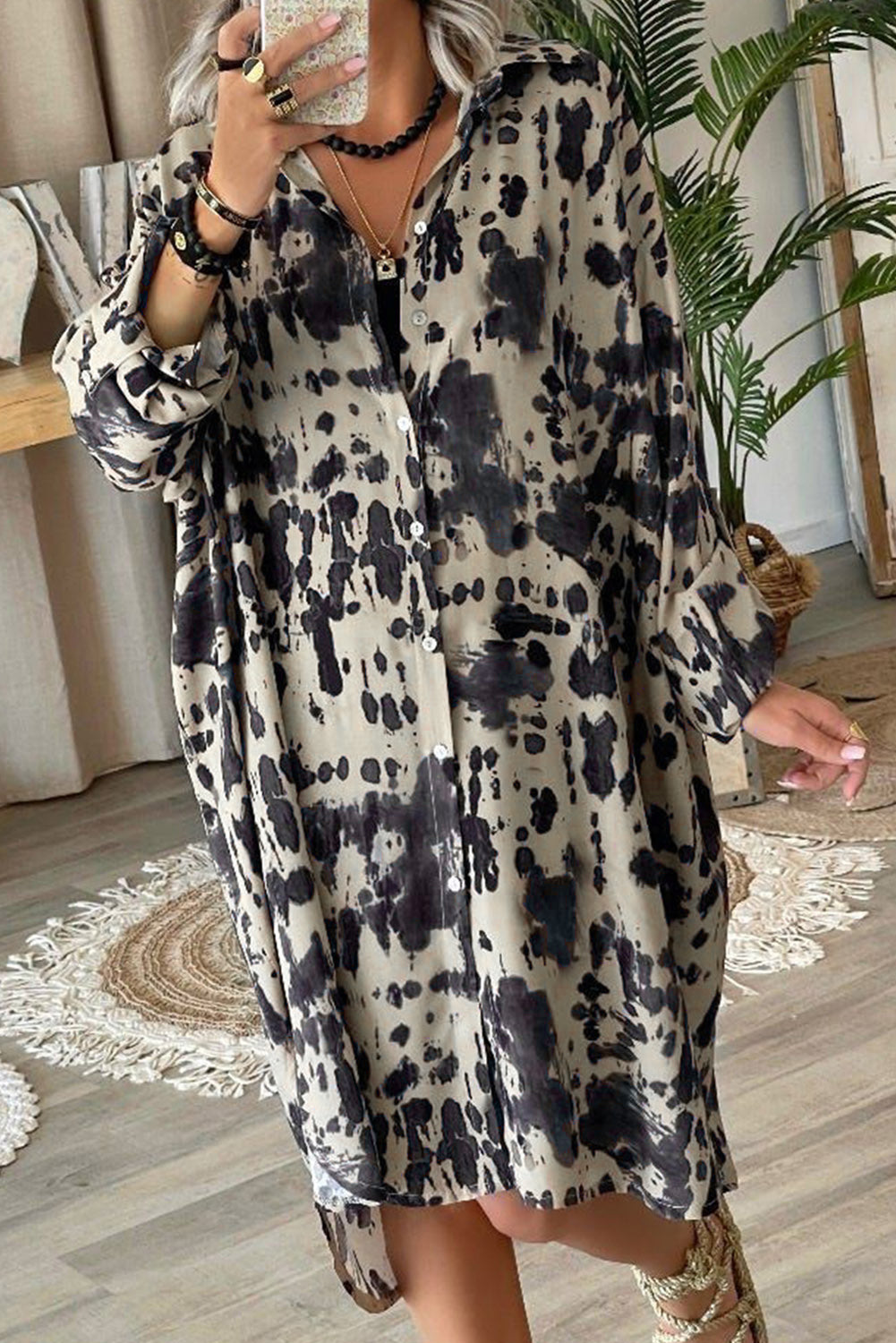 Apricot Splash Ink Print Long Sleeve Button Front Split Dress - Mudiwa 