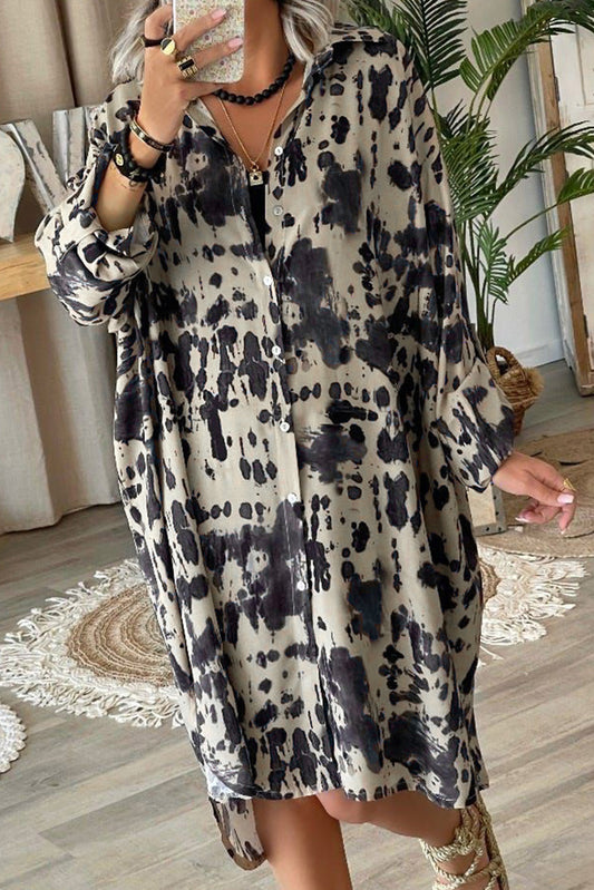 Apricot Splash Ink Print Long Sleeve Button Front Split Dress