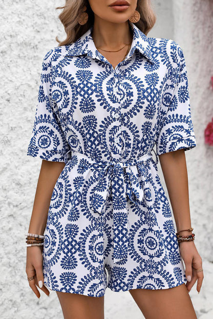 Blue Mandala Printed Short Sleeve Belted Shirt Romper - Mudiwa 