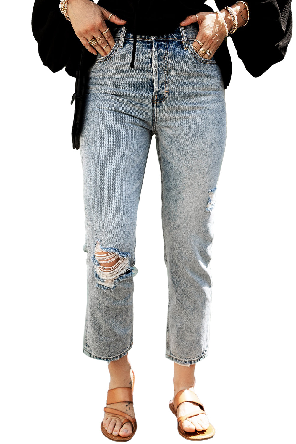 Light Blue Acid Wash Distressed Straight Leg Cropped Jeans - Mudiwa 