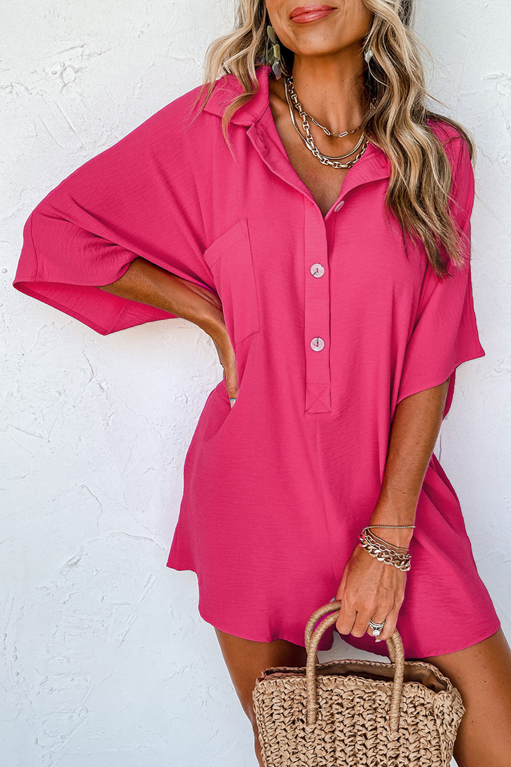 Bright Pink Half Button Collared Loose Romper - Mudiwa 