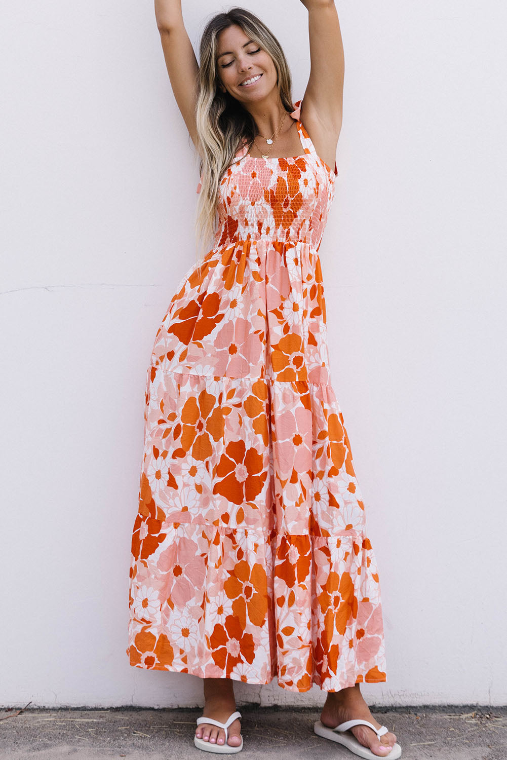 Orange Shirred Lace-up Strap Sleeveless Floral Maxi Dress - Mudiwa 