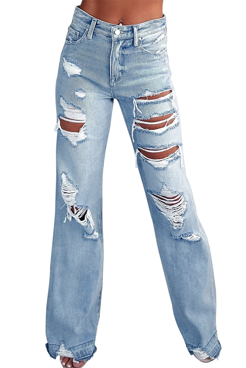 Sky Blue Vintage Distressed Ripped Wide Leg Jeans - Mudiwa 