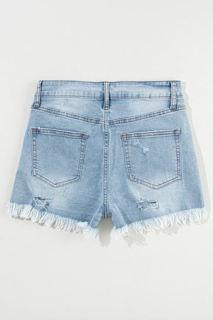 Light Blue Distressed Ripped Raw Hem High Waist Denim Shorts - Mudiwa 