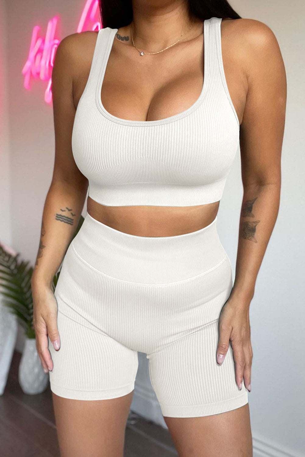 White 2pcs Solid Color Ribbed Knit Yoga Set - Mudiwa 