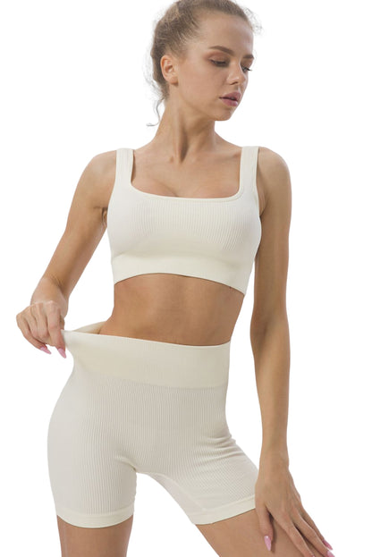 White 2pcs Solid Color Ribbed Knit Yoga Set - Mudiwa 