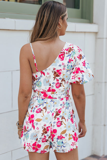 White Floral Single Bubble Sleeve Slant Shoulder Romper - Mudiwa 