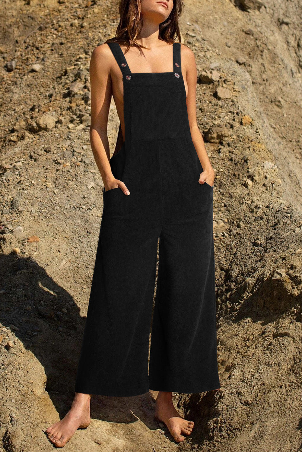 Black Solid Color Corduroy Wide Leg Bib Overalls - Mudiwa 