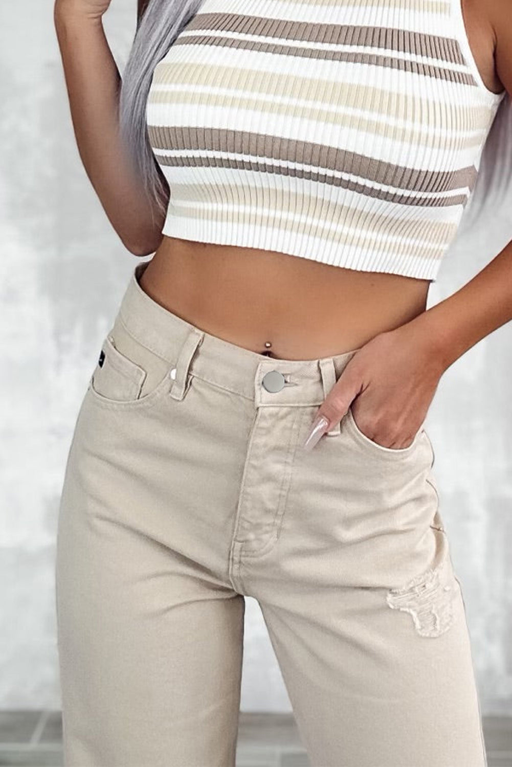 Khaki High Waist Ripped Wide-Leg Jeans - Mudiwa 