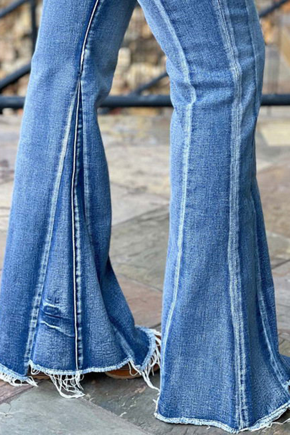 Light Blue Acid Wash Raw Hem Flared Jeans - Mudiwa 