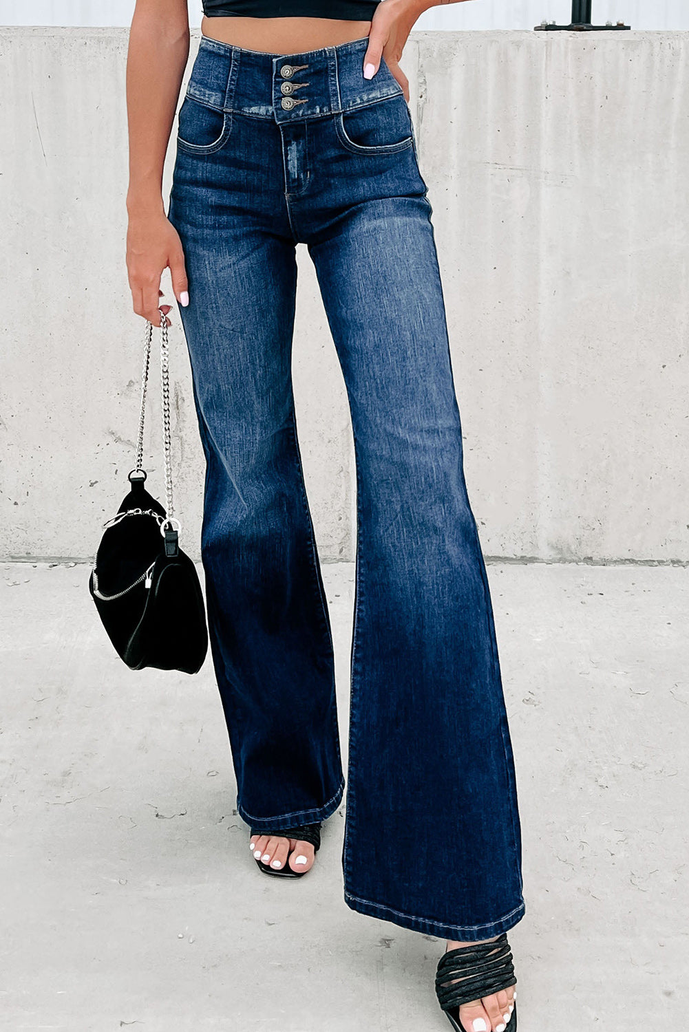 Blue Buttons Elastic Wide Waistband Back Flare Jeans - Mudiwa 