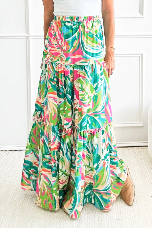 Green Abstract Printed High Waist Tiered Maxi Skirt - Mudiwa 