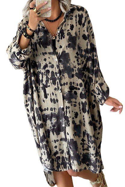 Apricot Splash Ink Print Long Sleeve Button Front Split Dress - Mudiwa 