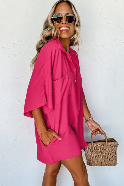 Bright Pink Half Button Collared Loose Romper - Mudiwa 