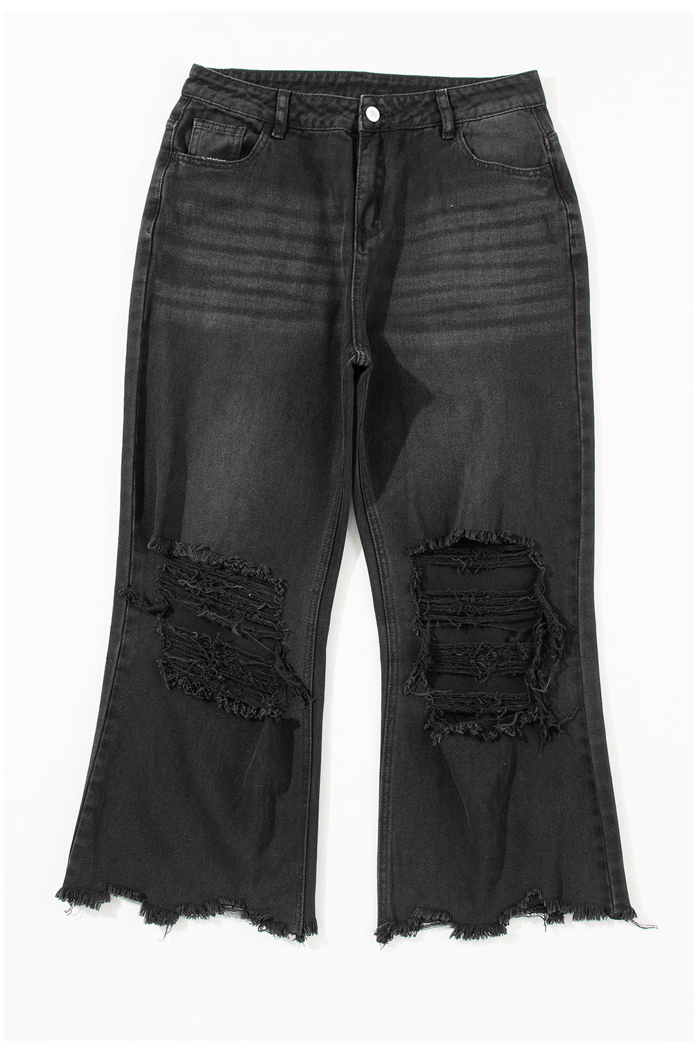 Black Distressed Hollow-out High Waist Cropped Flare Jeans - Mudiwa 