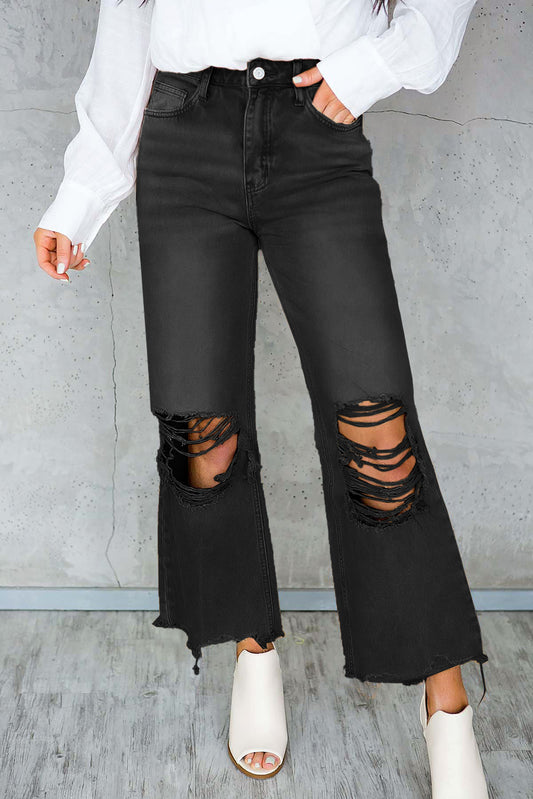 Black Distressed Hollow-out High Waist Cropped Flare Jeans - Mudiwa 