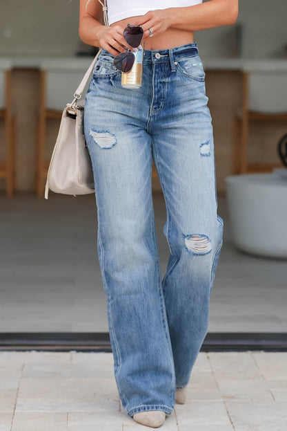 Light Blue High Rise Distressed Straight Leg Jeans - Mudiwa 