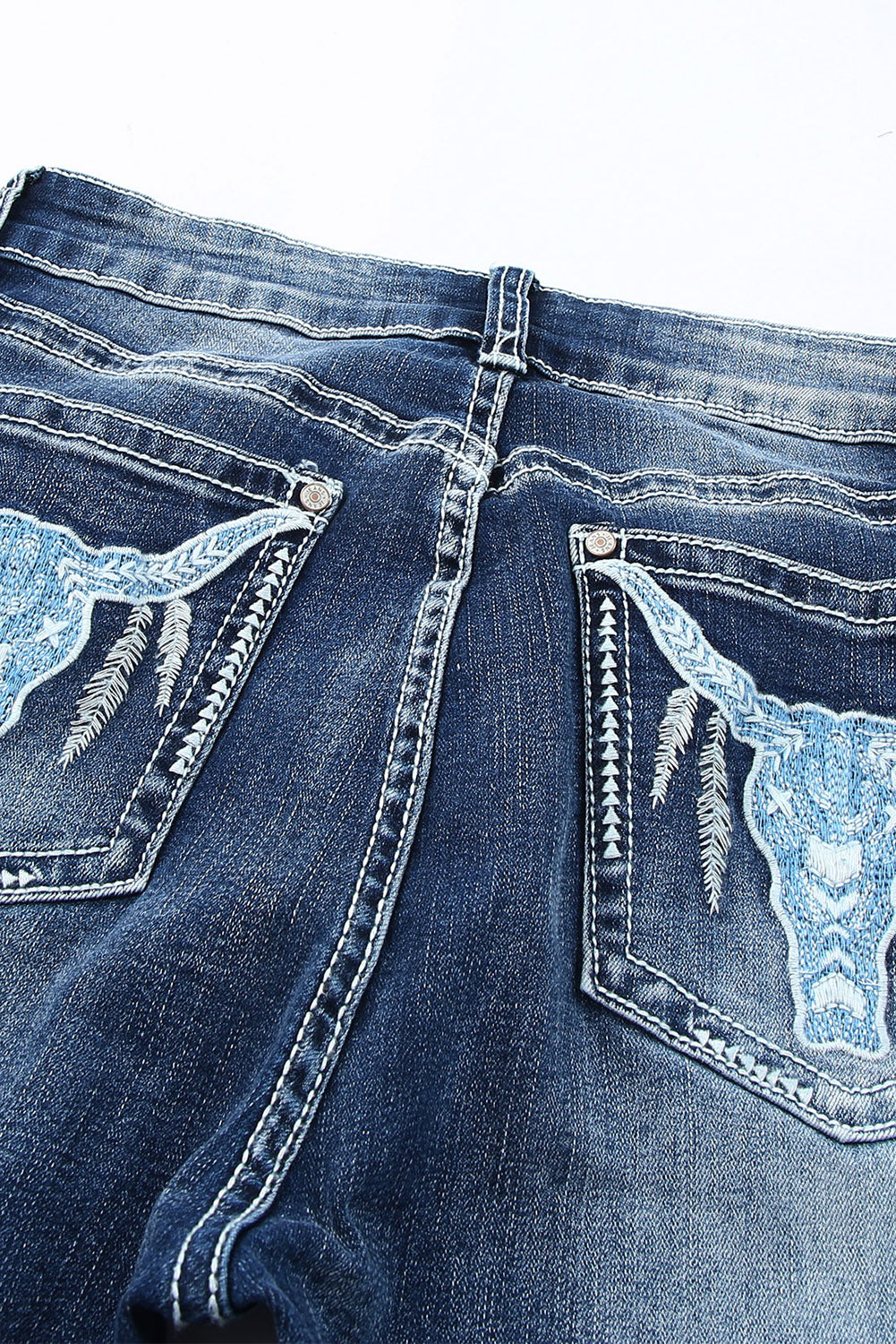 Sky Blue Embroidered Cow Straight Leg Jeans - Mudiwa 