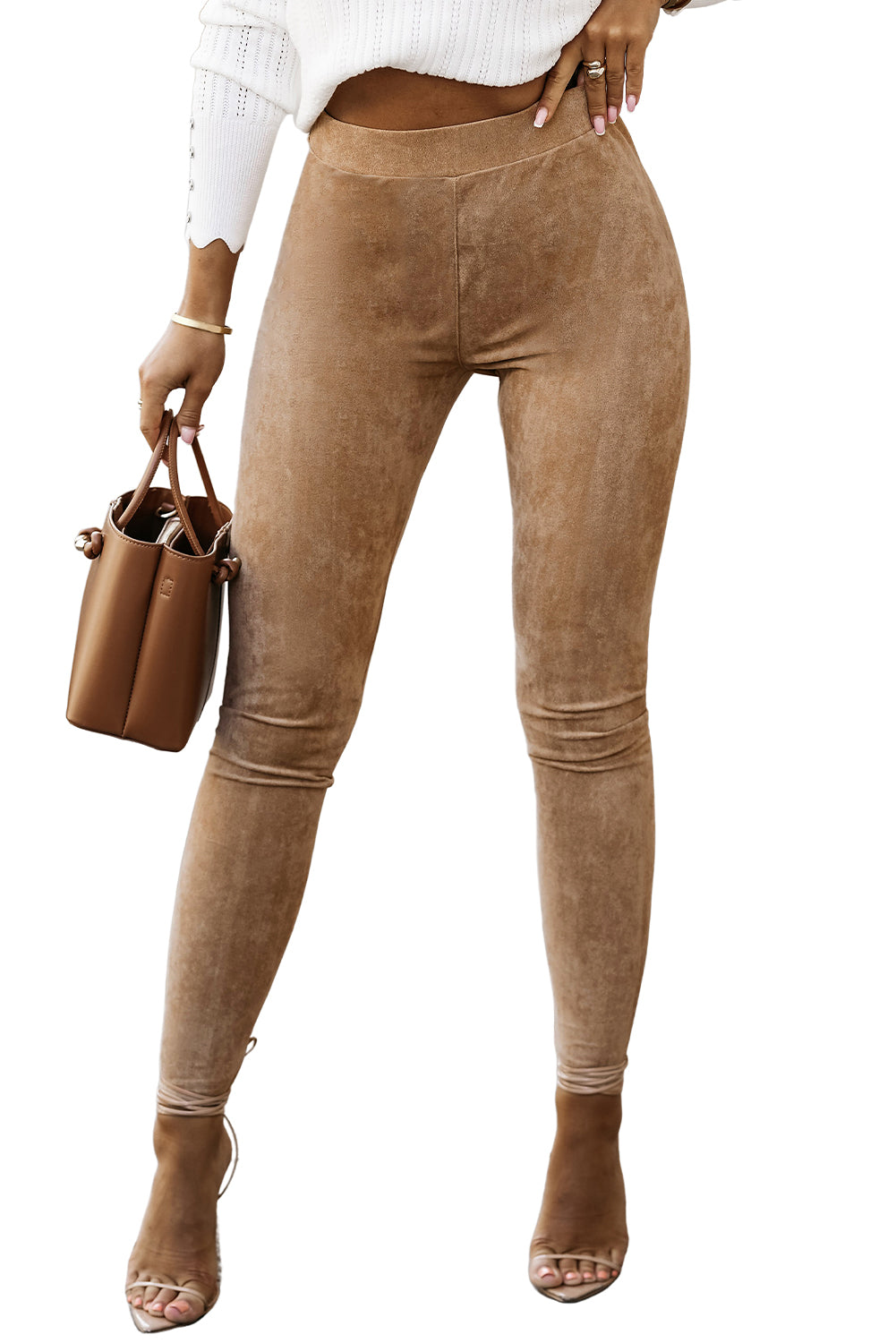 Khaki High Waist Faux Suede Skinny Leggings - Mudiwa 