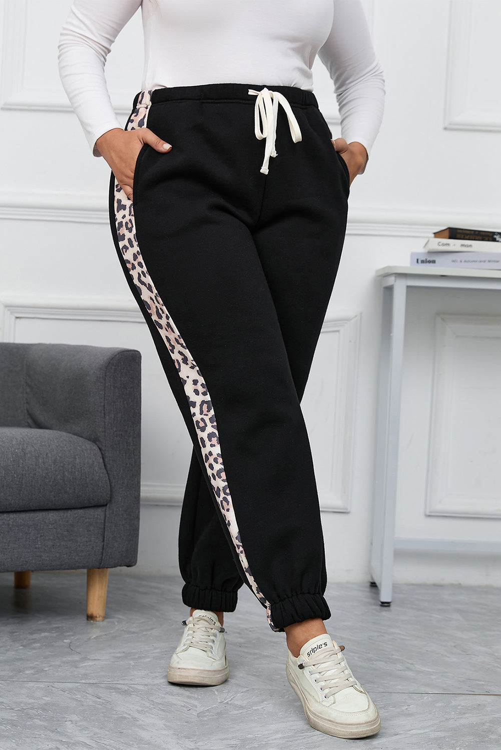 Black Plus Size Contrast Leopard Side Panel Joggers - Mudiwa 