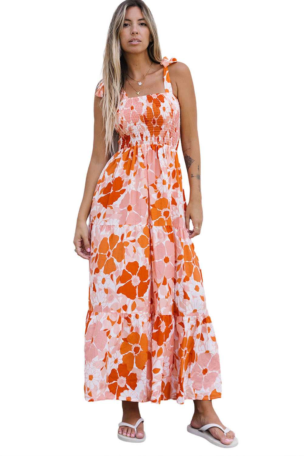 Orange Shirred Lace-up Strap Sleeveless Floral Maxi Dress - Mudiwa 