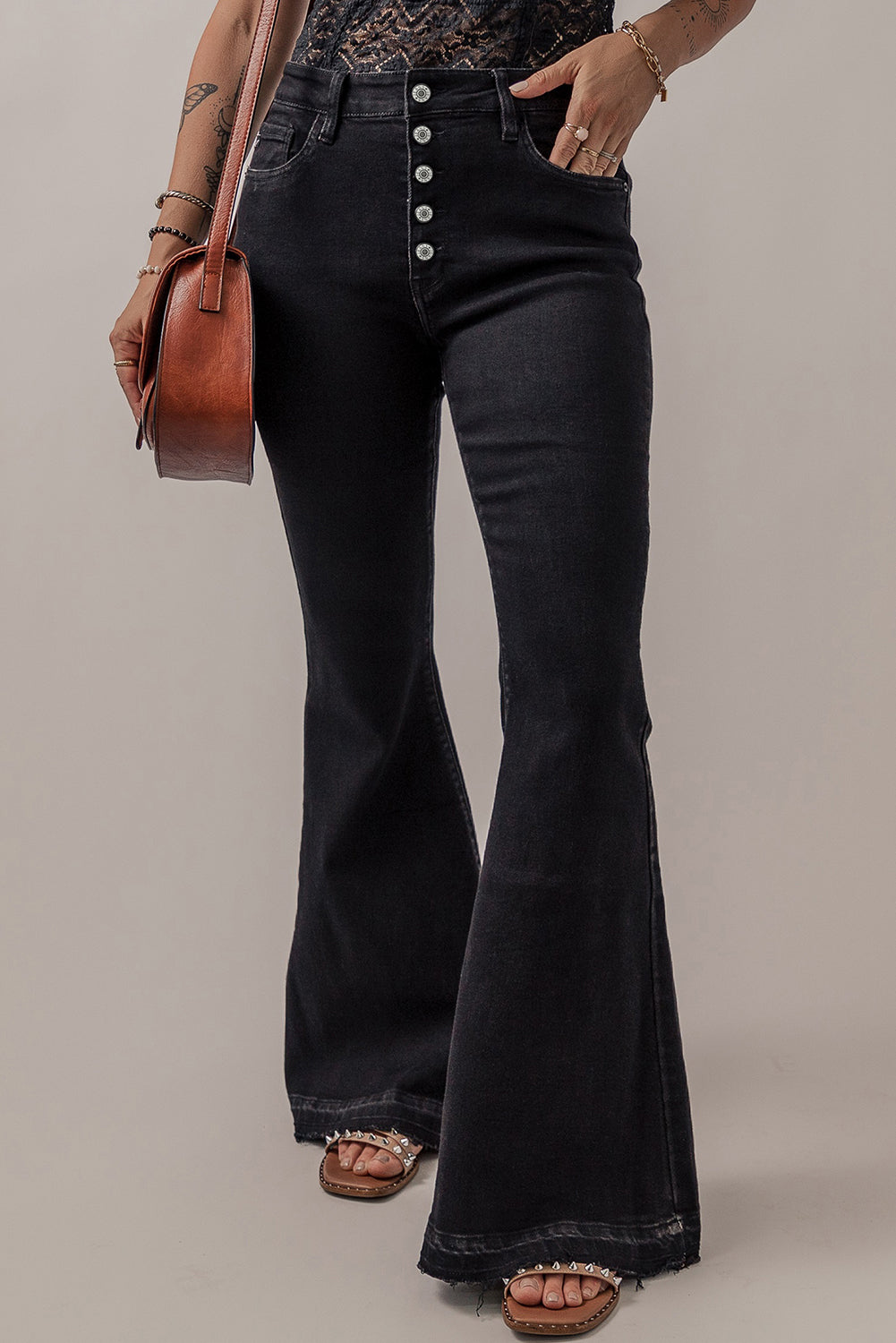 Black High Waist Button Front Flare Jeans - Mudiwa 