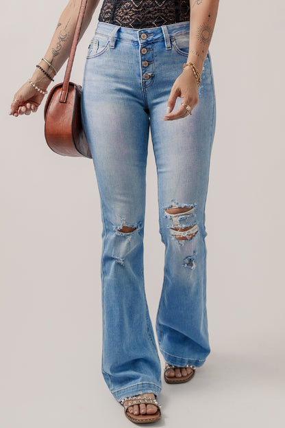 Beau Blue High Waist Button Front Ripped Flare Jeans - Mudiwa 