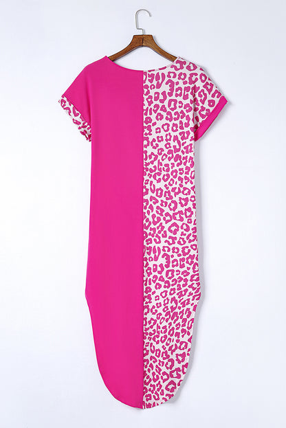 Rose Contrast Solid Leopard Short Sleeve T-shirt Dress with Slits - Mudiwa 