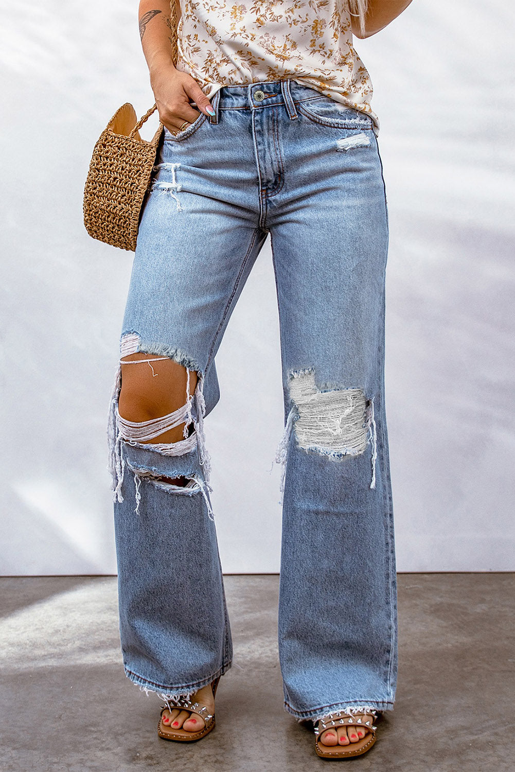 Sky Blue Destroyed Open Knee Wide Leg Jeans - Mudiwa 