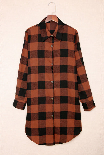 Brown Turn-down Collar Plaid Shirt Coat - Mudiwa 