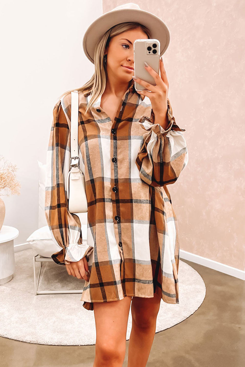 Khaki Plaid Pattern Collared Neck Ruffled Sleeve Shirt Dress - Mudiwa 