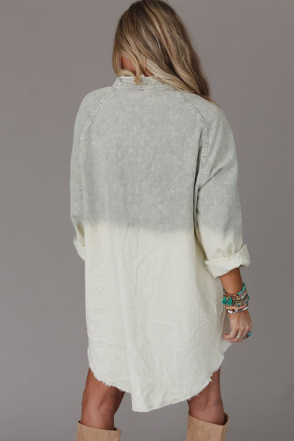 Gray Gradient Long Sleeve Button Up Raw Hem Denim Dress - Mudiwa 