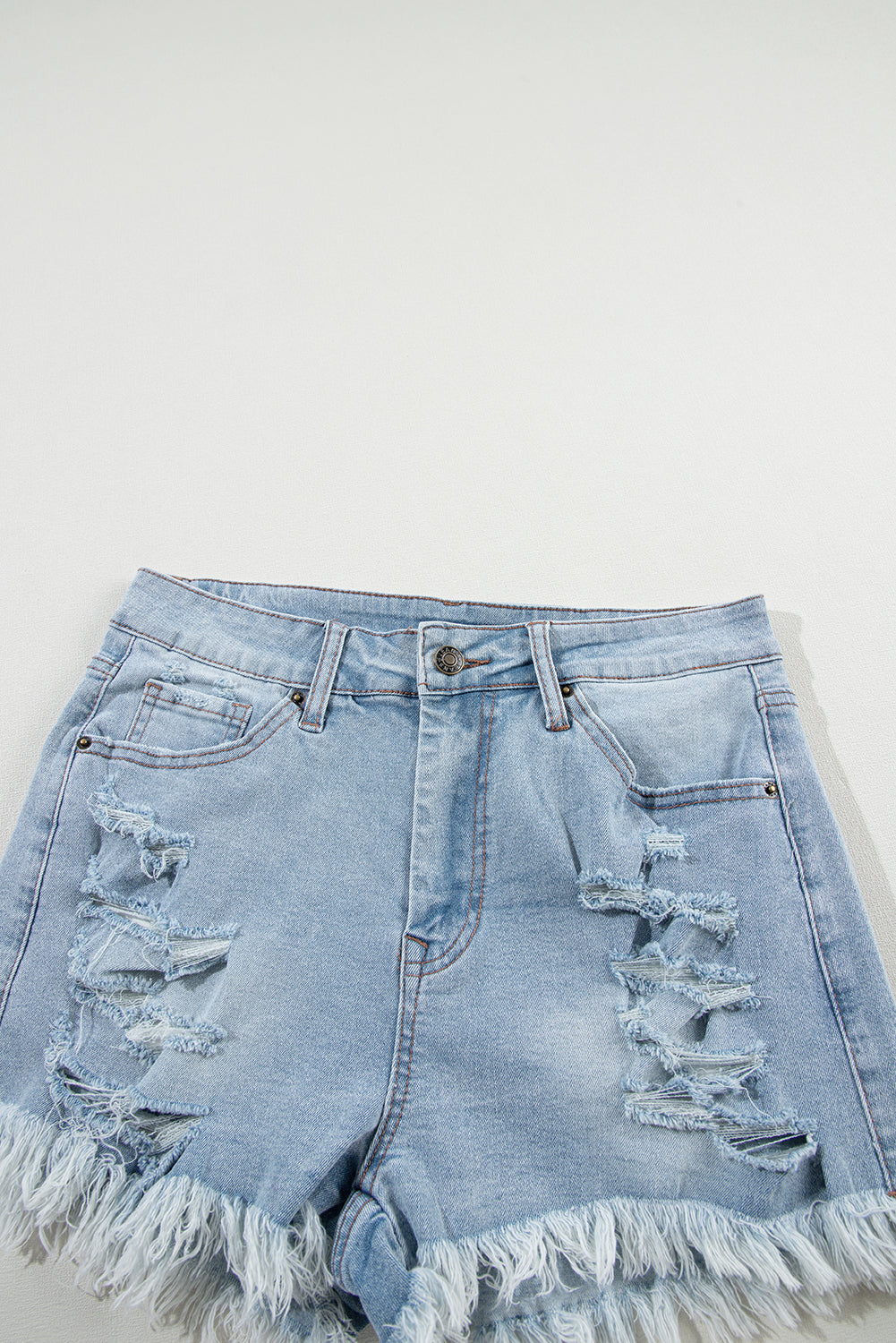 Light Blue Distressed Ripped Raw Hem High Waist Denim Shorts - Mudiwa 