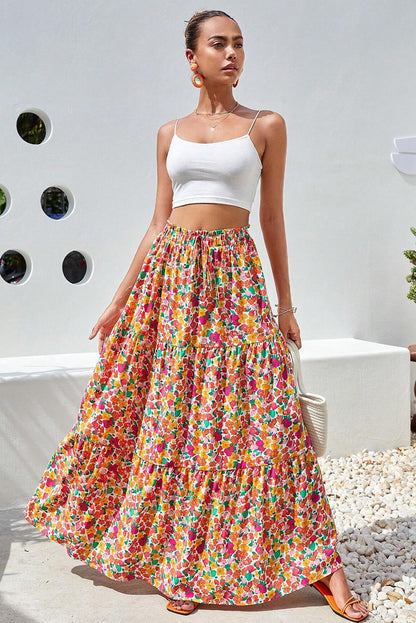 Yellow Boho Floral Print Tiered Long Skirt - Mudiwa 